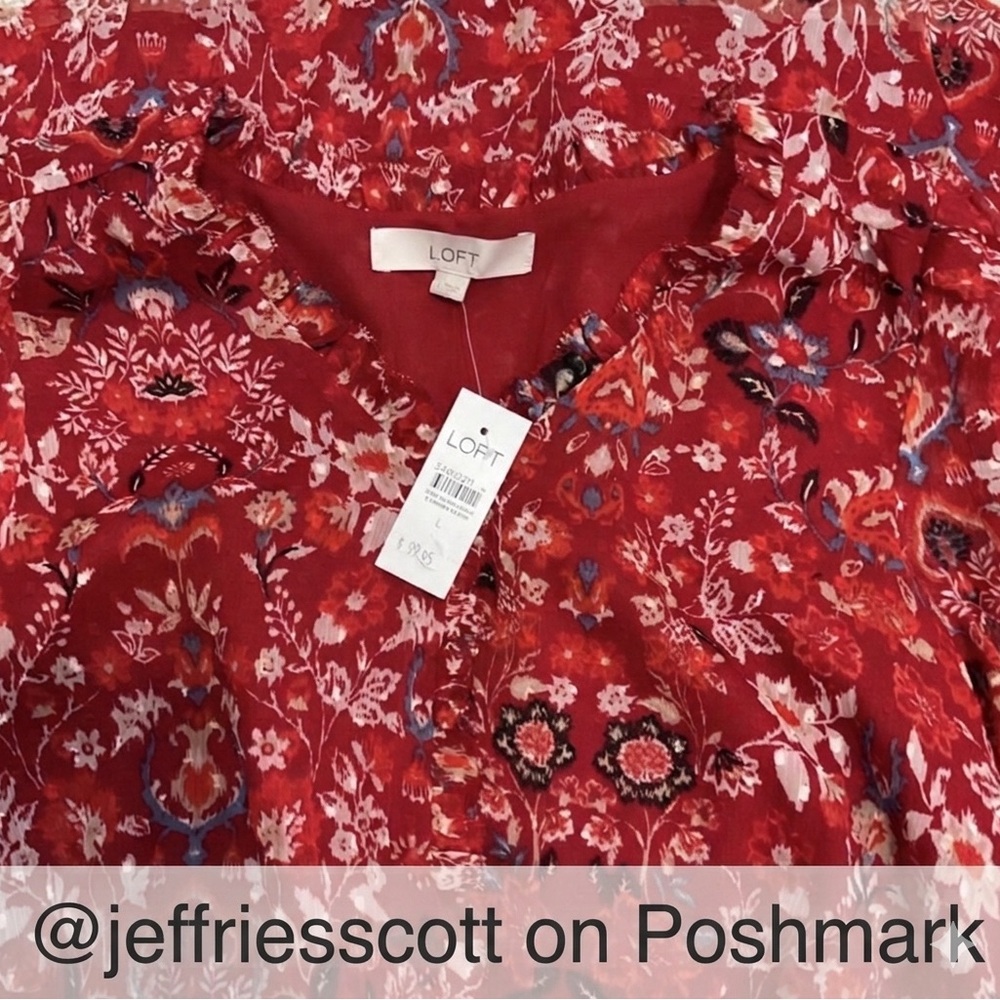 LOFT Red Floral Ruffle-Trim Button Blouse - Picture 2 of 12